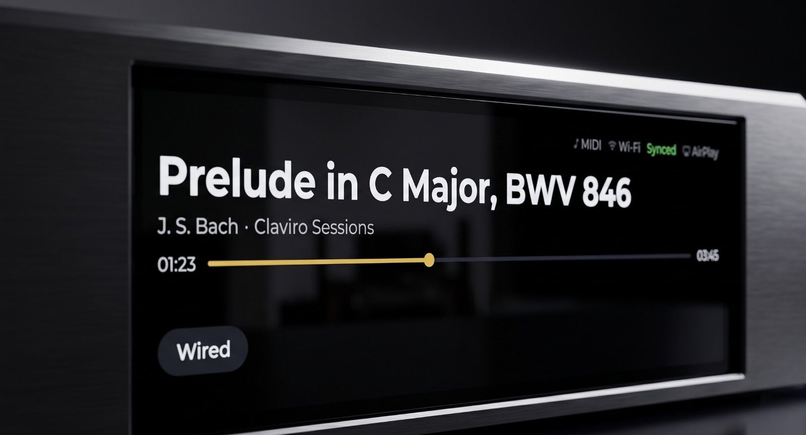 The display at close range, showing the title of the piece, the performer, a progress line and the MIDI, Wi-Fi and sync indicators