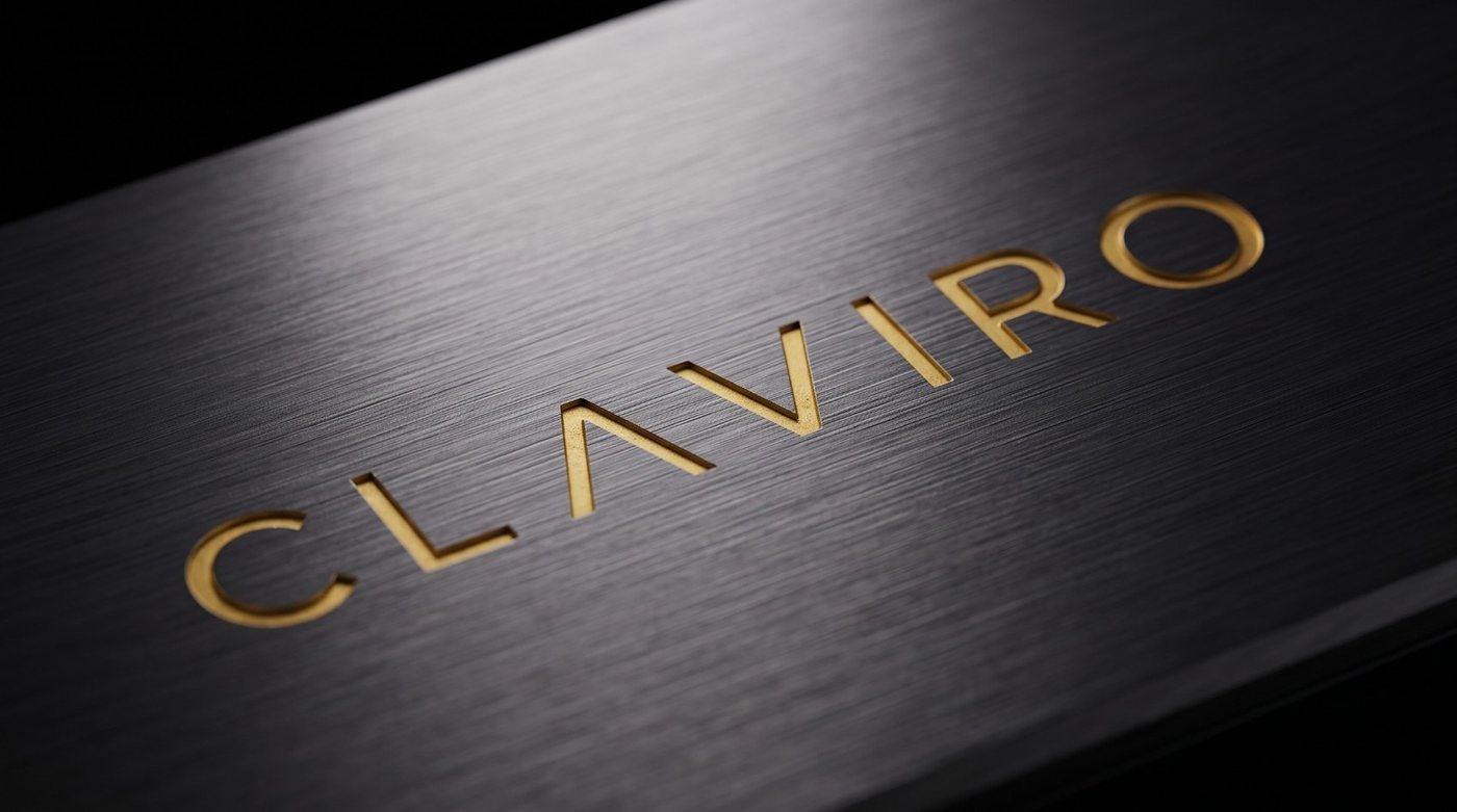 The CLAVIRO wordmark engraved and filled in gold on brushed aluminum