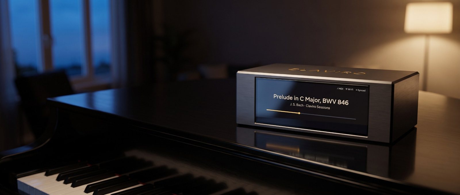 Claviro One resting on the lid of a black grand piano in a living room at dusk, its display showing the piece now playing