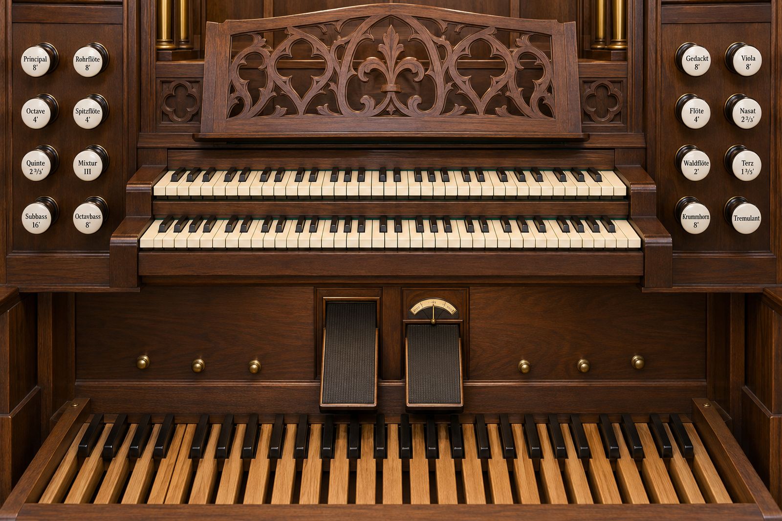 A two-manual walnut organ console with a carved music desk, drawknobs from Principal 8' to Krummhorn 8', and swell and crescendo pedals