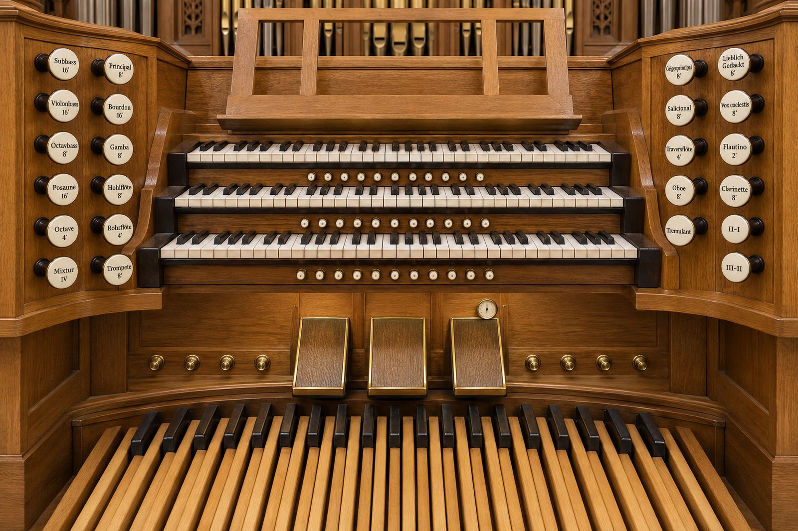 A three-manual German romantic organ console in golden oak, with drawknobs from Subbass 16' to Vox coelestis 8', swell and crescendo pedals above the pedalboard